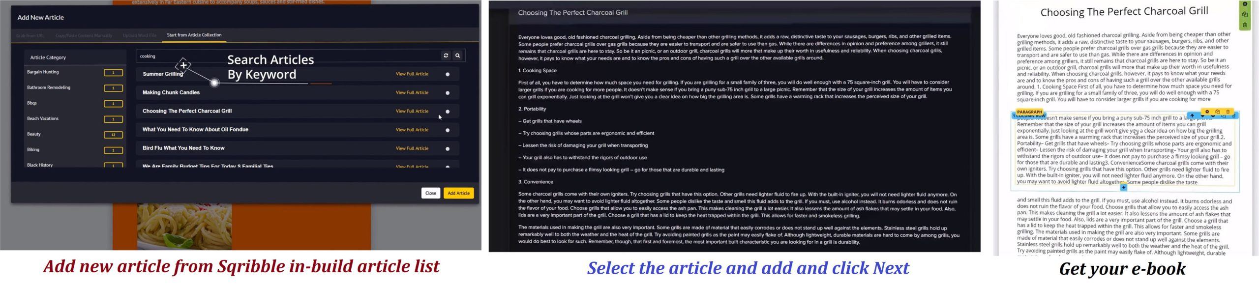 Create e-book by selecting a article from Sqribble